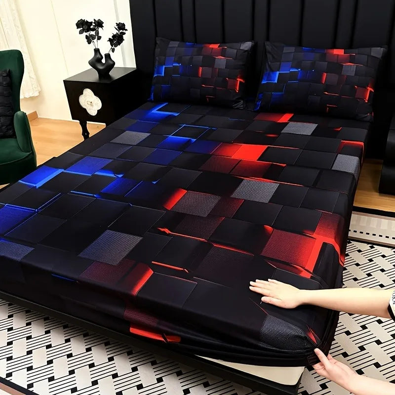 3pcs Cool Technology Digital Printing Material Plaid Fitted Sheet(1pc Bed Sheet+2pcs Pillowcase No Filling)