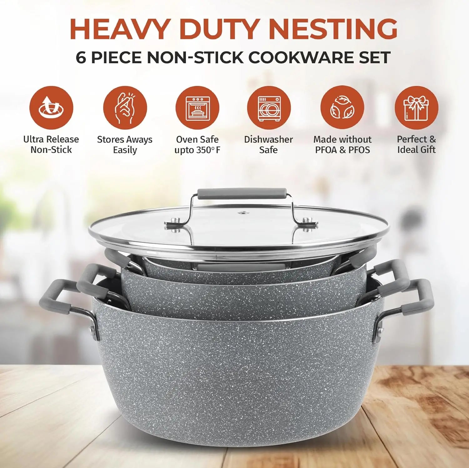 Gray Nonstick Pots and Pans Set, 6-Piece Stackable Cookware with Lids, Dishwasher Safe and Toxin Free