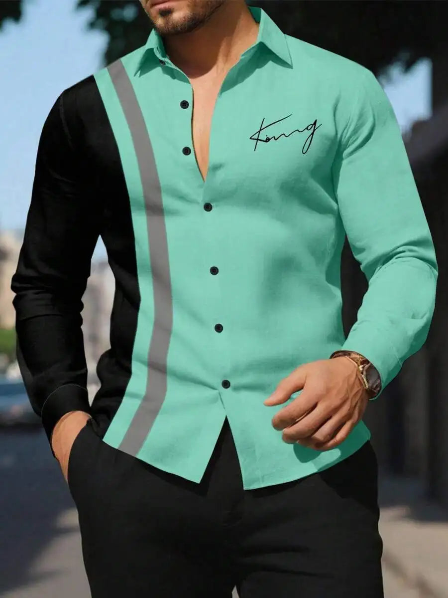 Men's Casual Color Block Button-Down Long Sleeve Shirt with Script Print,