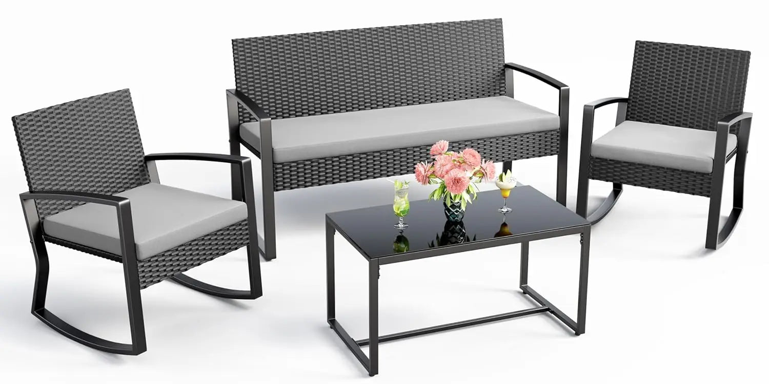 4 Piece Outdoor Patio Wicker Sofa Set Glass Coffee Table Rocking Chairs Backyard Poolside Porch, Customized