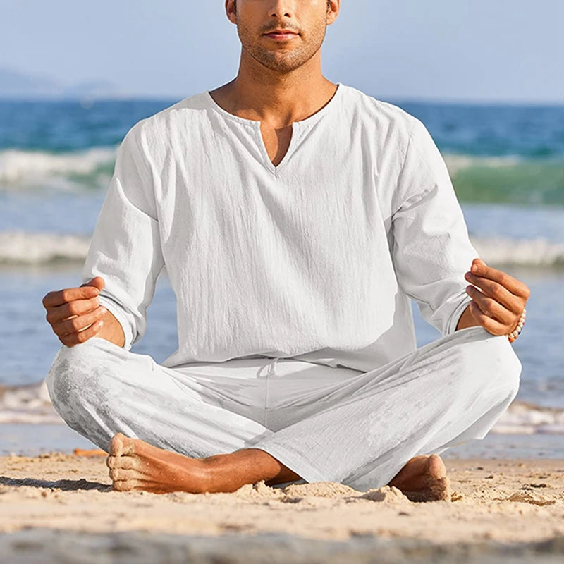 Men s Summer Cotton Linen   Long Sleeve Henley Shirt Elastic Waist Drawstring Pants 2 Pieces Loungewear Set