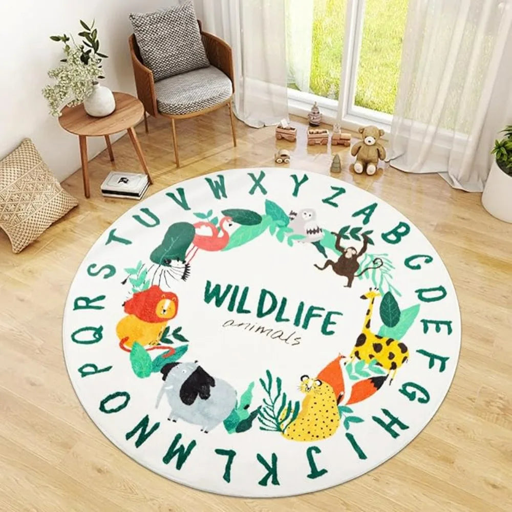 ABC Fruit PlayMat Round Alphabet Rug for Kid Playroom Preschool Classroom Floor Mat with ABC Numbers Animals Educational Design