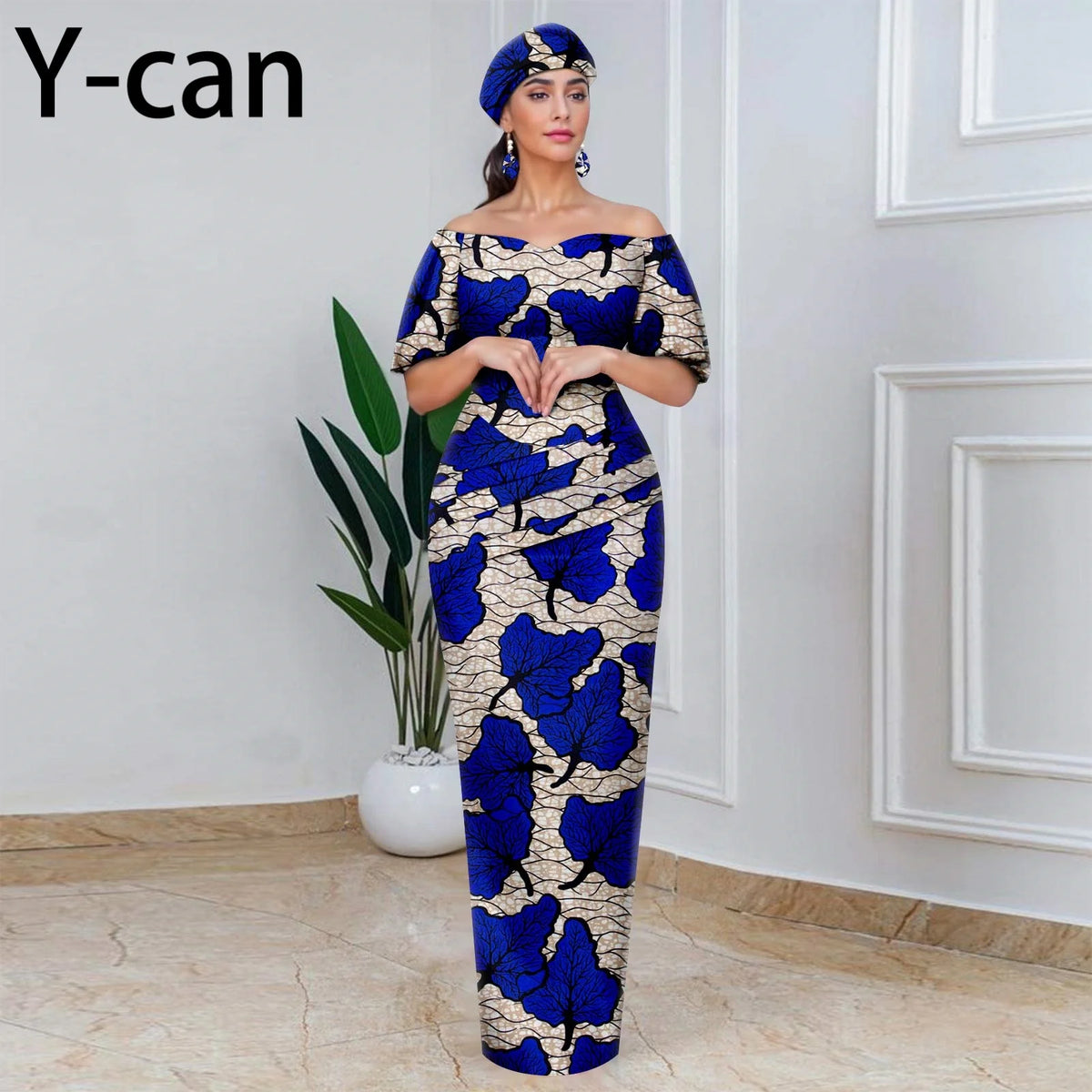 African Party Dresses for Women Off Shoulder Folds Women Maxi Dress with Headscarf and Earrings Traditional Wedding
