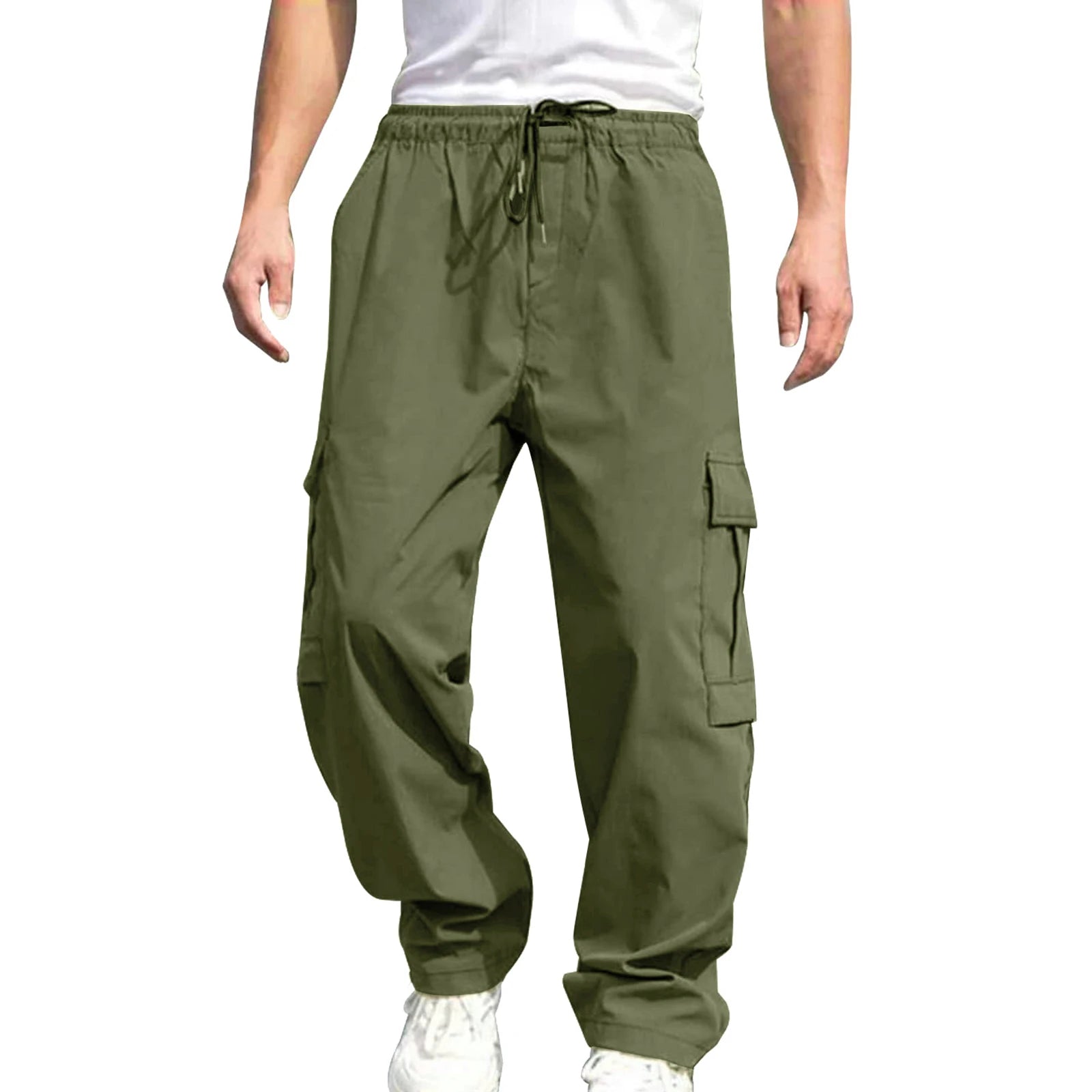 Men s Loose Cargo Long Pants Drawstring Waist Straight Leg Trousers  with Pockets