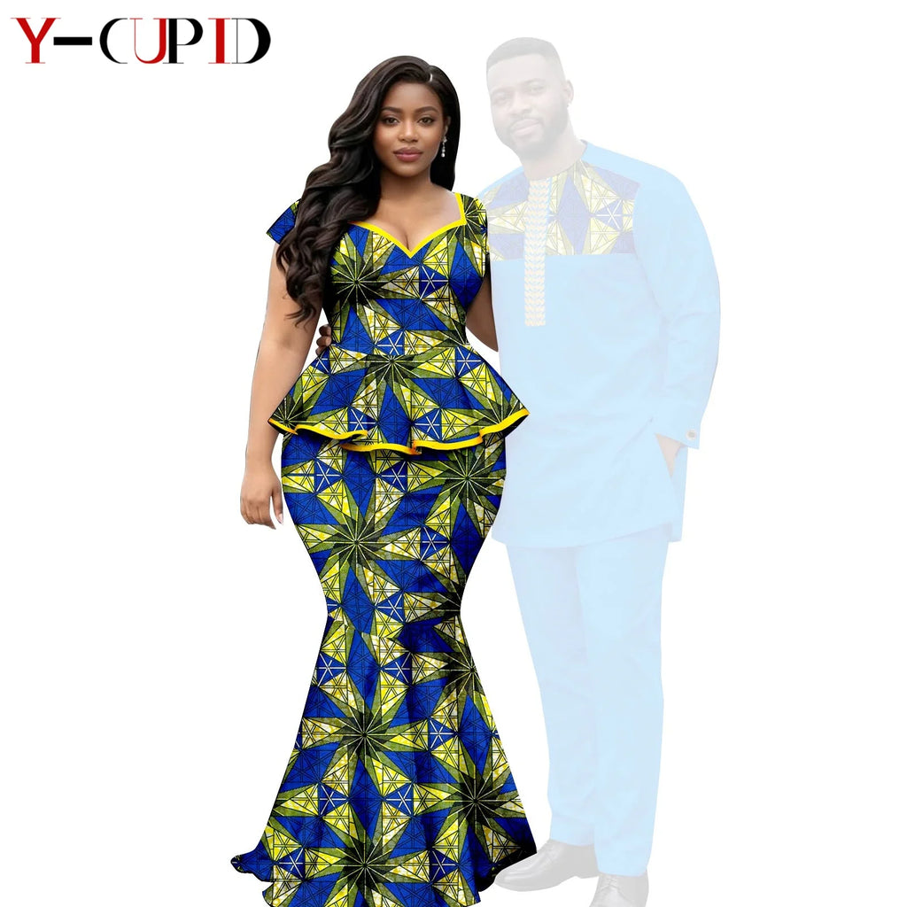 African  Women Print Top and Mermaid Skirts Sets Matching Men Outfits Top Shirt and Pant Sets