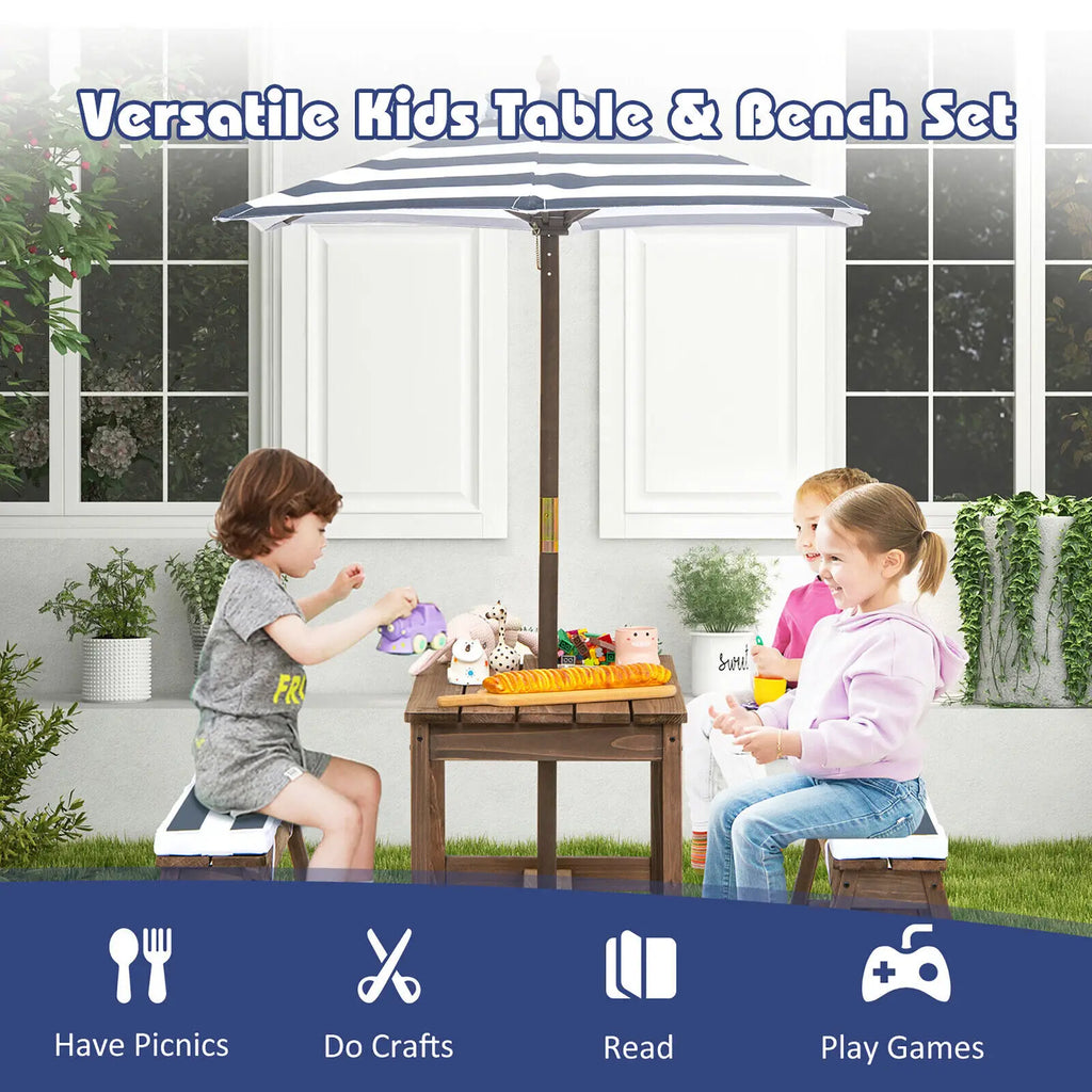 Kids Wood Picnic Table and Bench Set w/Cushions Umbrella for Indoor Outdoor