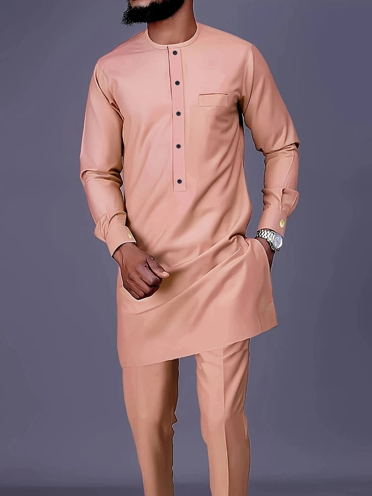 Men's Casual Long-Sleeved Two-Piece Set: Mid-Length Top and Trousers