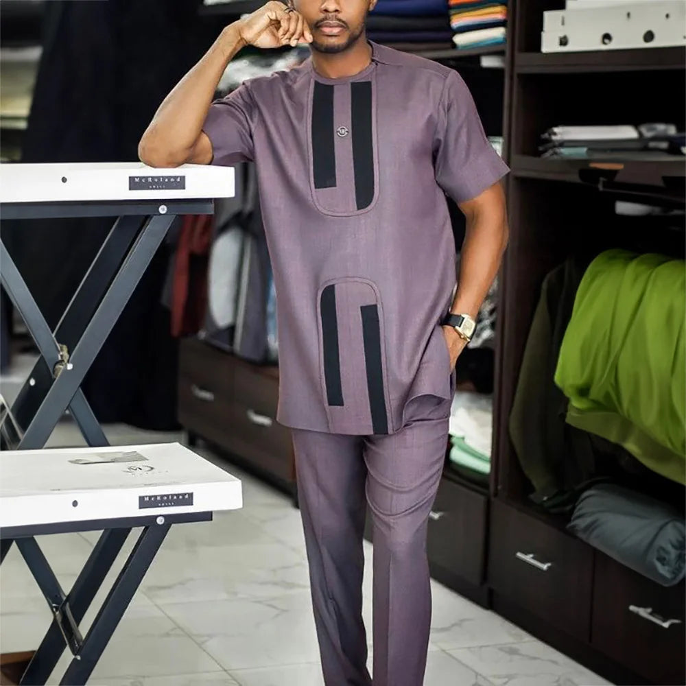 New 2Pc African Traditional O-Neck  Costume For Men Luxury Brand Clothing Full Pant Sets