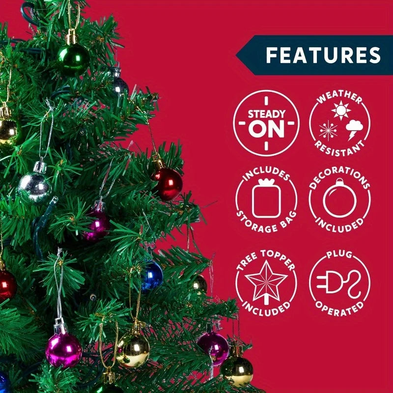 24''/2 FT Mini Christmas Tree Tabletop Set with Clear LED Lights Artificial Mini Christmas Tree with Star Treetop and Hanging Ornaments,  (Storage Bag Included)