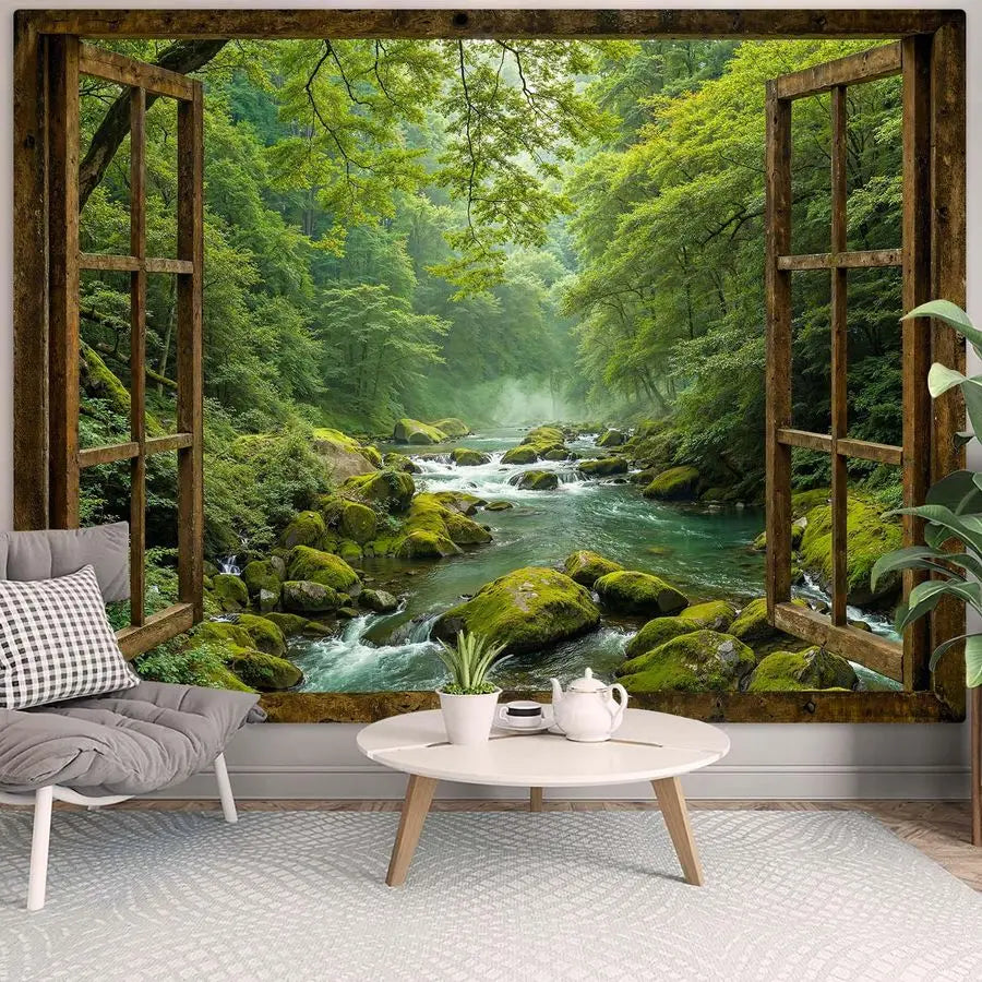 Window Forest Tapestry Green Nature Jungle Wall Tapestry for Bedroom Aesthetic Rainforest Stream Outdoor Landscape