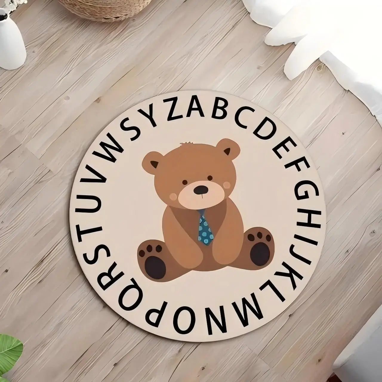 Adorable  Bear ABC Alphabet Round Rug Educational Learn Floor Area Mat for Kids Nursery Playroom Bedroom Decoration