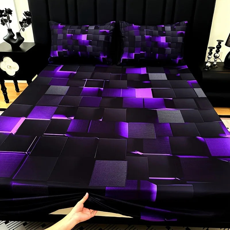 3pcs Cool Technology Digital Printing Material Plaid Fitted Sheet(1pc Bed Sheet+2pcs Pillowcase No Filling)