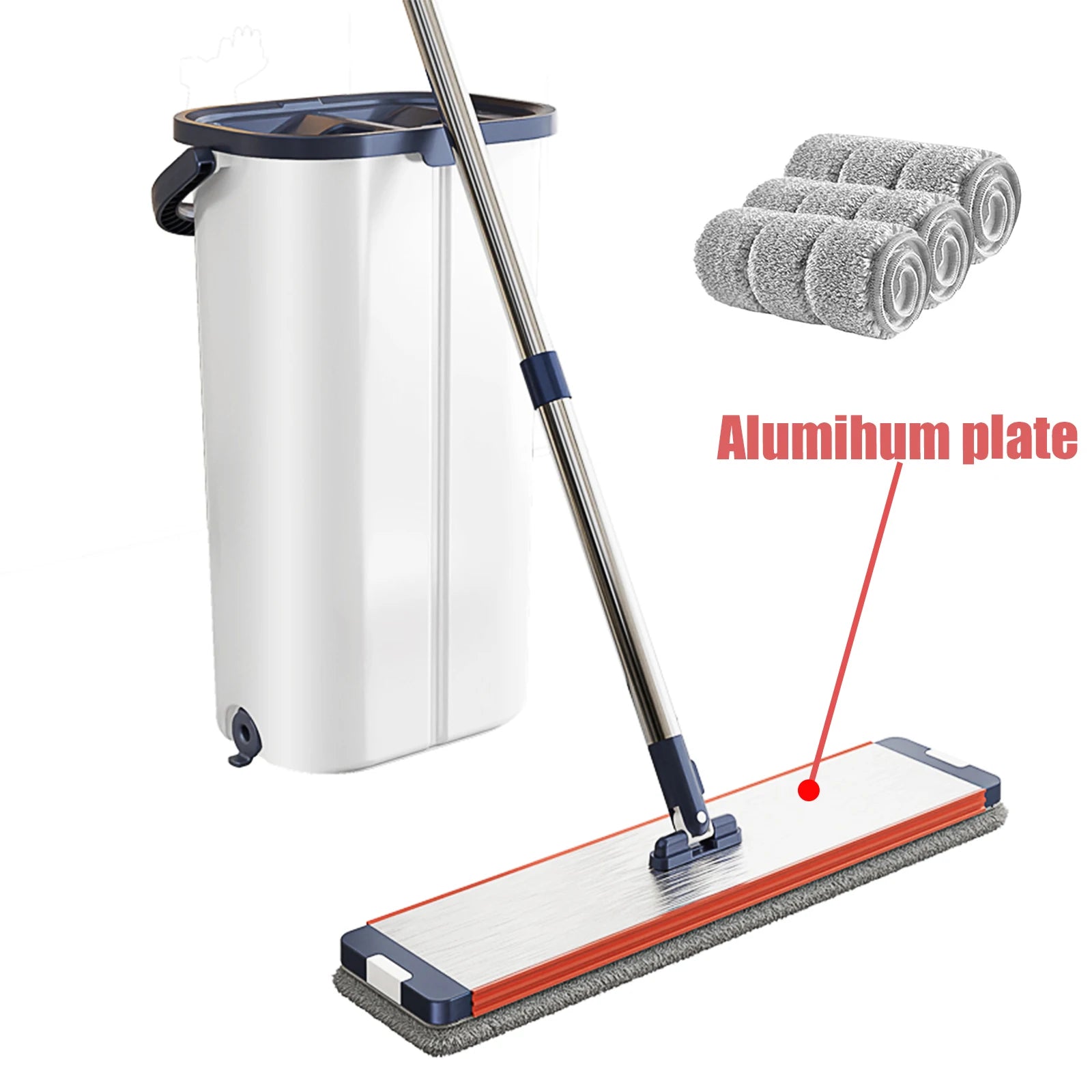 Floor Flat Squeeze Mop with Bucket Hand Free  Cleaning Microfiber 360 Rotating Self-Wringing Mop