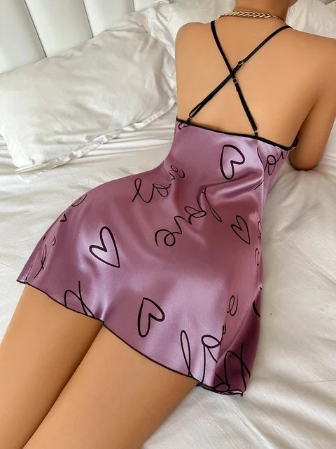 Heart Letter Print Nightdress Casual Strap Sleep Dress Women's Sleepwear