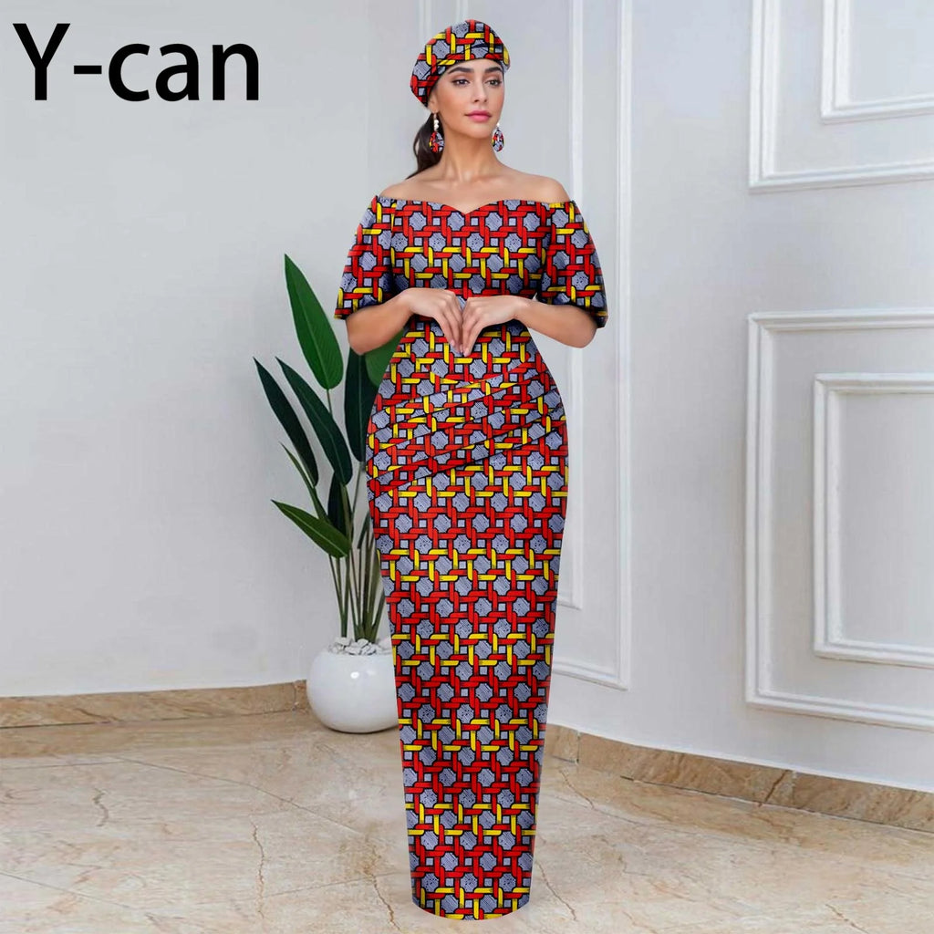 African Party Dresses for Women Off Shoulder Folds Women Maxi Dress with Headscarf and Earrings Traditional Wedding