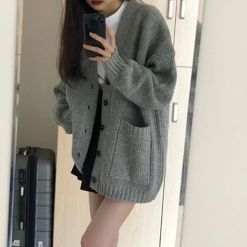 Female Long Sleeve V-neck Loose Knitted  Casual Sweater