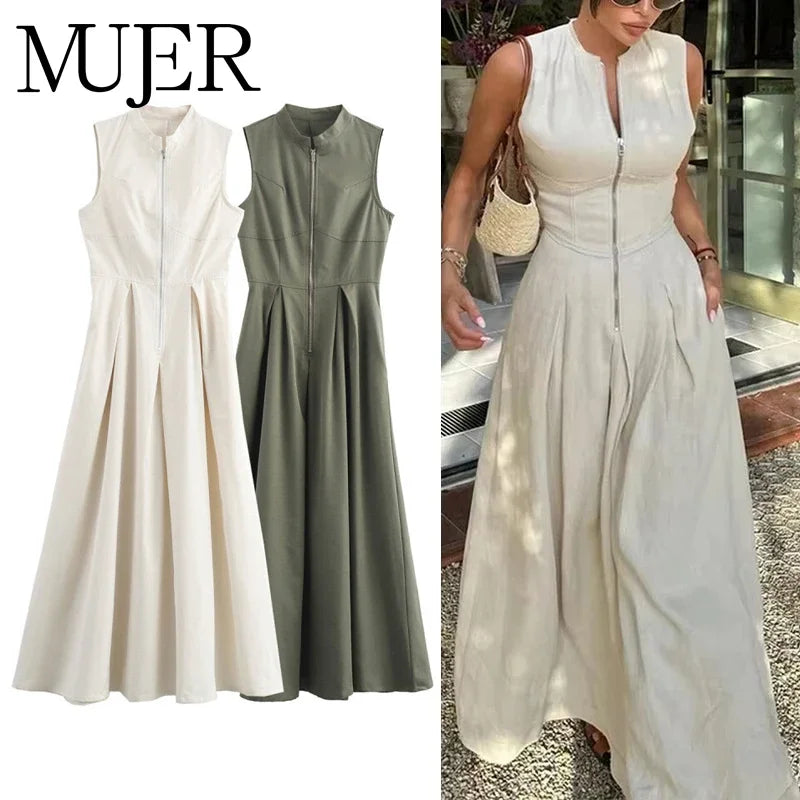 Zipper Long Dress Woman Pleated Sleeveless  Summer Elegant Party Dresses