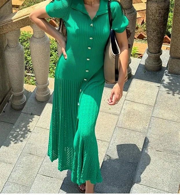 Knit Solid Women's Dress Short Sleeve O Neck  Dresses  Elegant Summer Single Breasted Hip