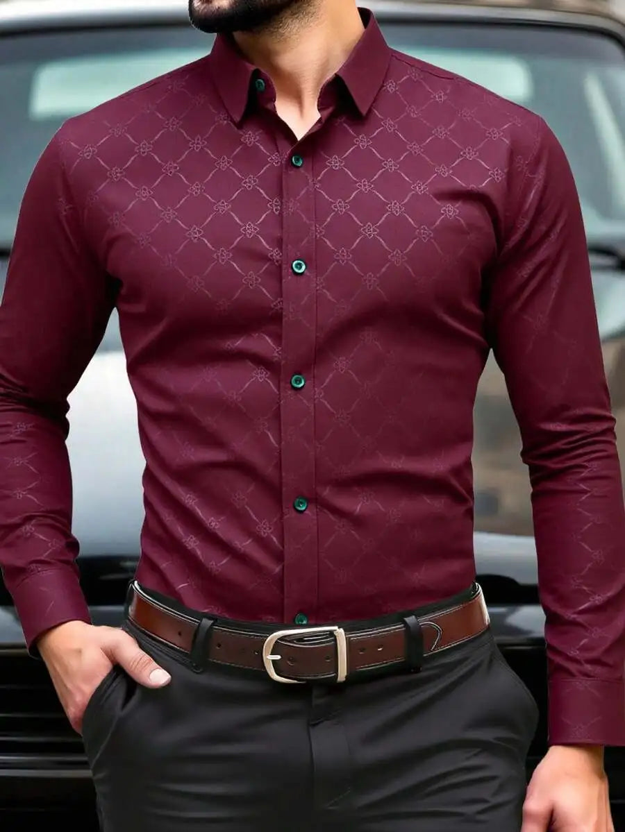 Men's Slim Fit Long Sleeve Button Down Dress Shirt with Geometric Pattern, Black, Fall