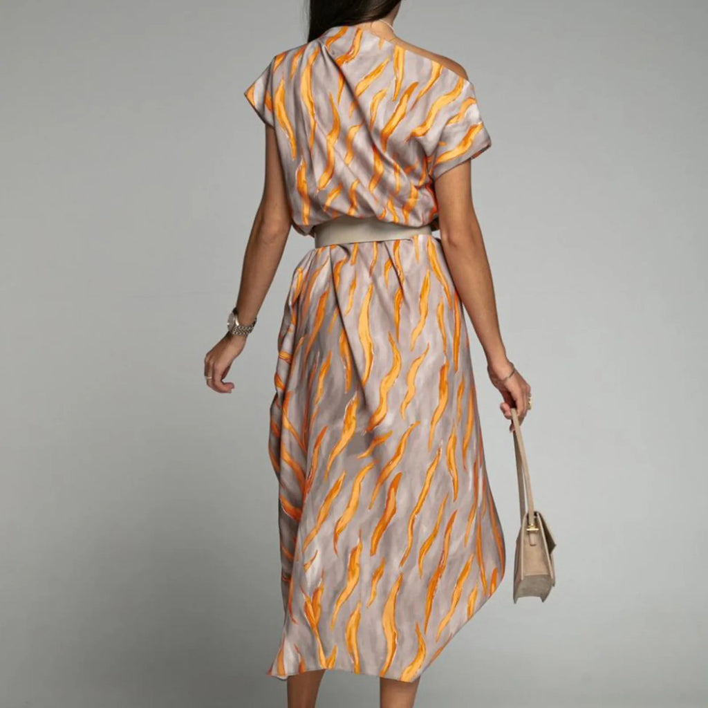 Elegant Long-sleeve Printed Dress For Women High-waisted A- line Round Neck  Trendy Summer Clothing