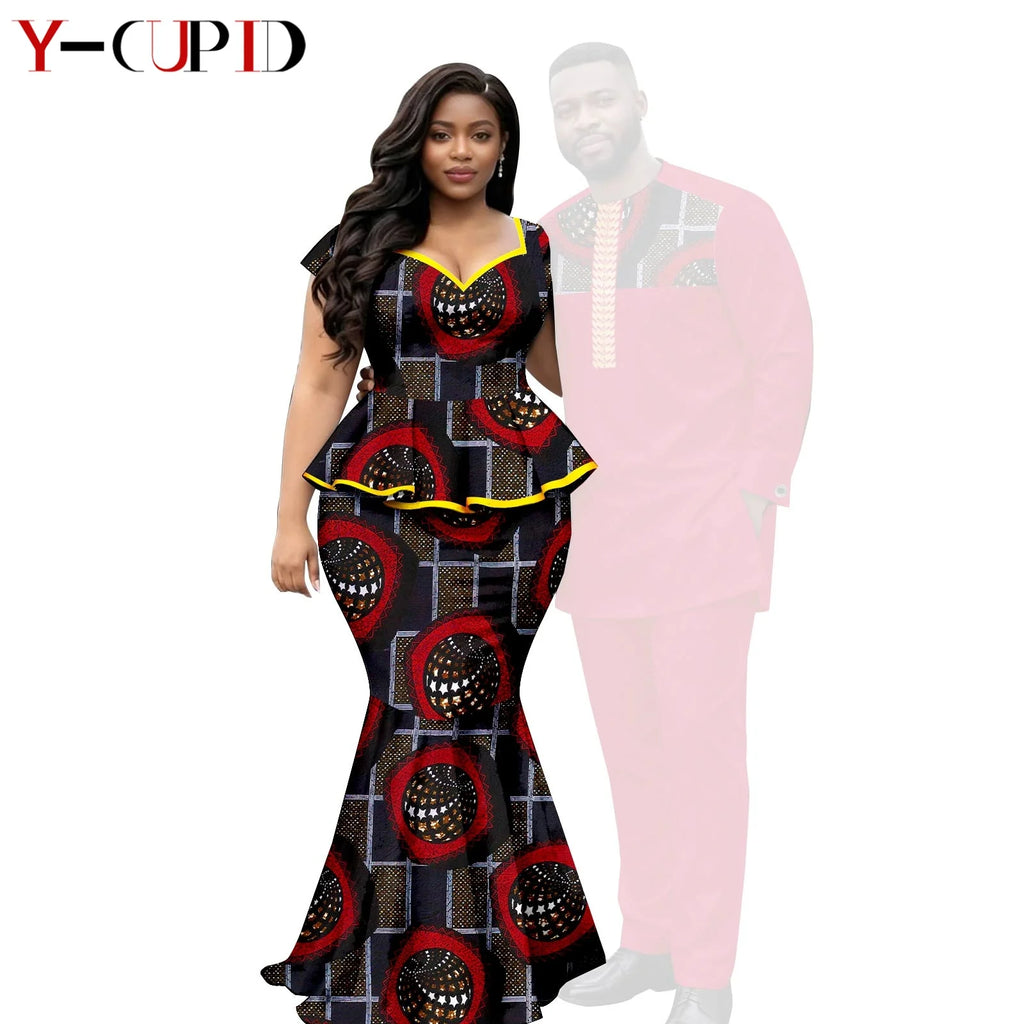 African  Women Print Top and Mermaid Skirts Sets Matching Men Outfits Top Shirt and Pant Sets