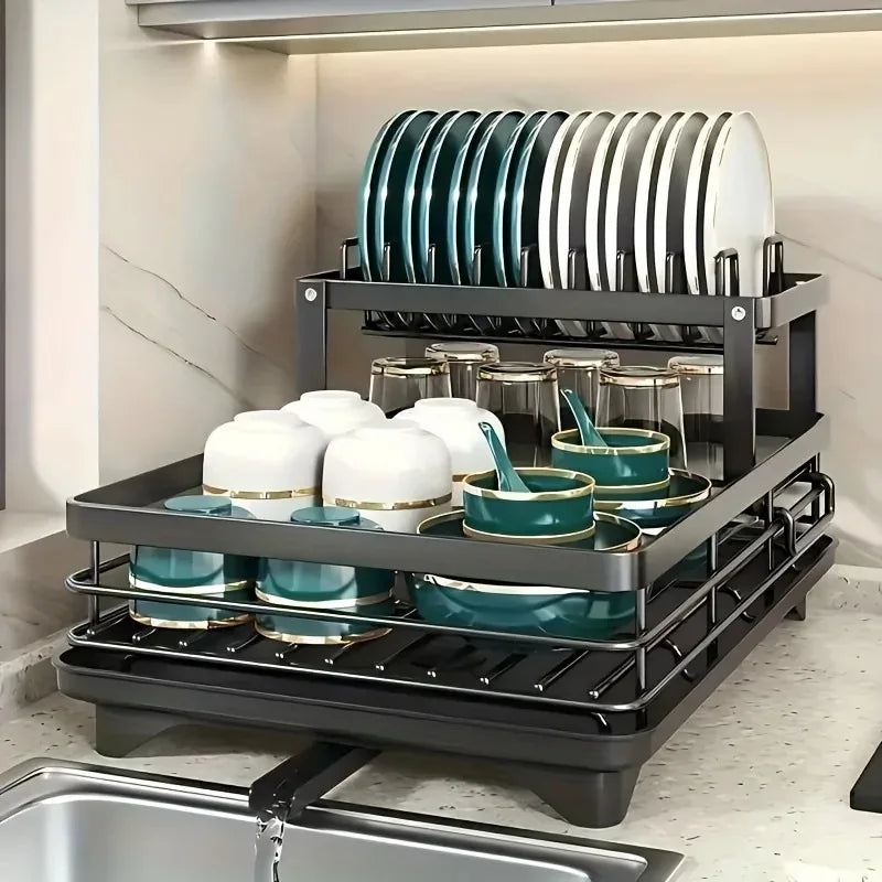 Double-Tier Extendable Dish, Utensil Rack & Draining Board for Kitchen Worktops