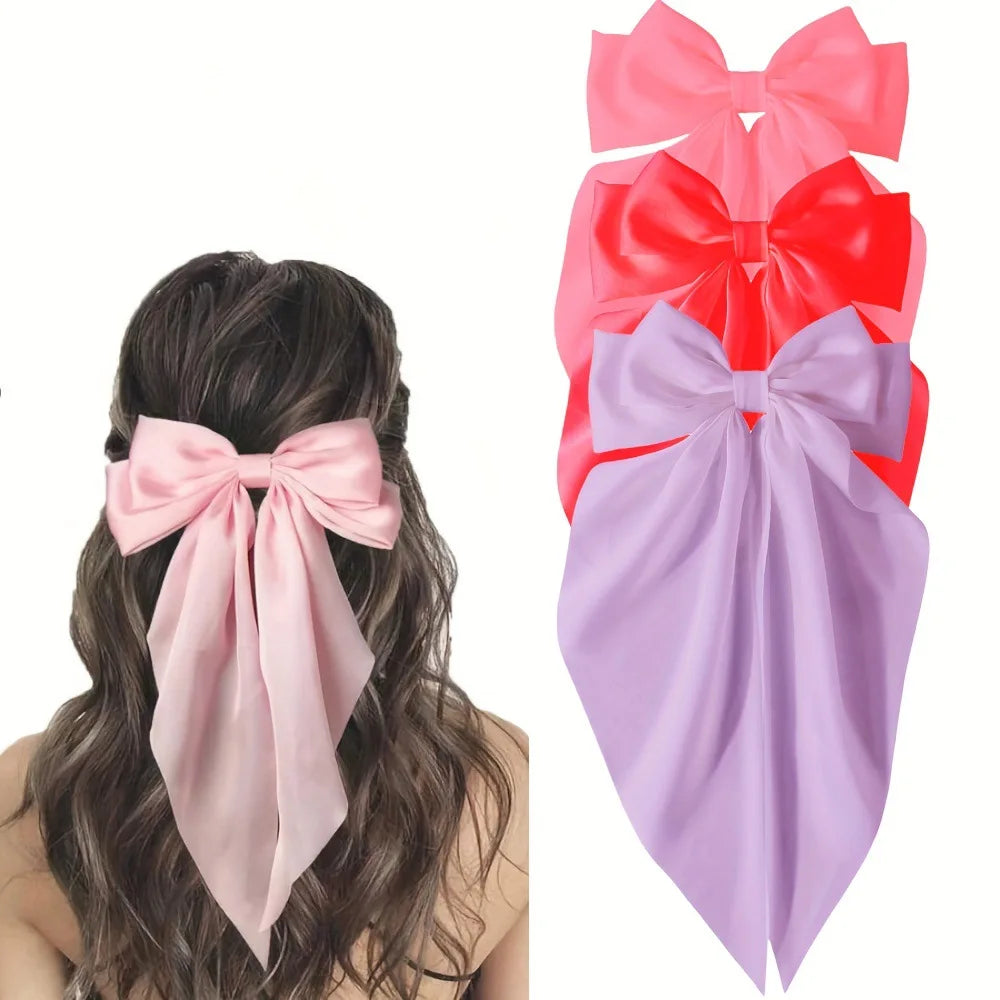 Elegant Ribbon Bow Hair Clip for Women Simple Solid Color Satin Ponytail Bowknot Hairpins Barrettes Hair Accessories