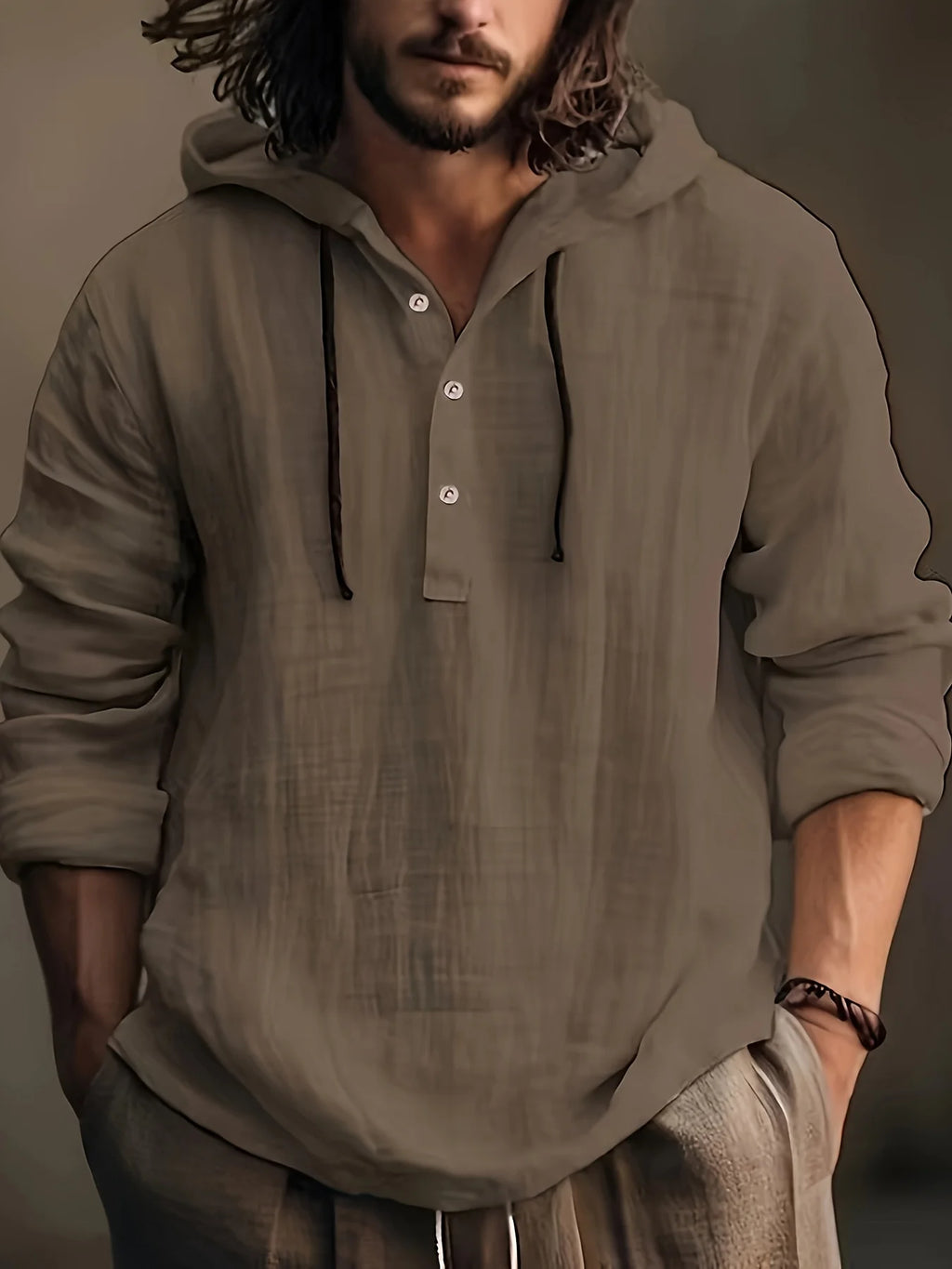Men's spring and autumn cotton and linen shirt with hooded sweatshirt long sleeve casual wear