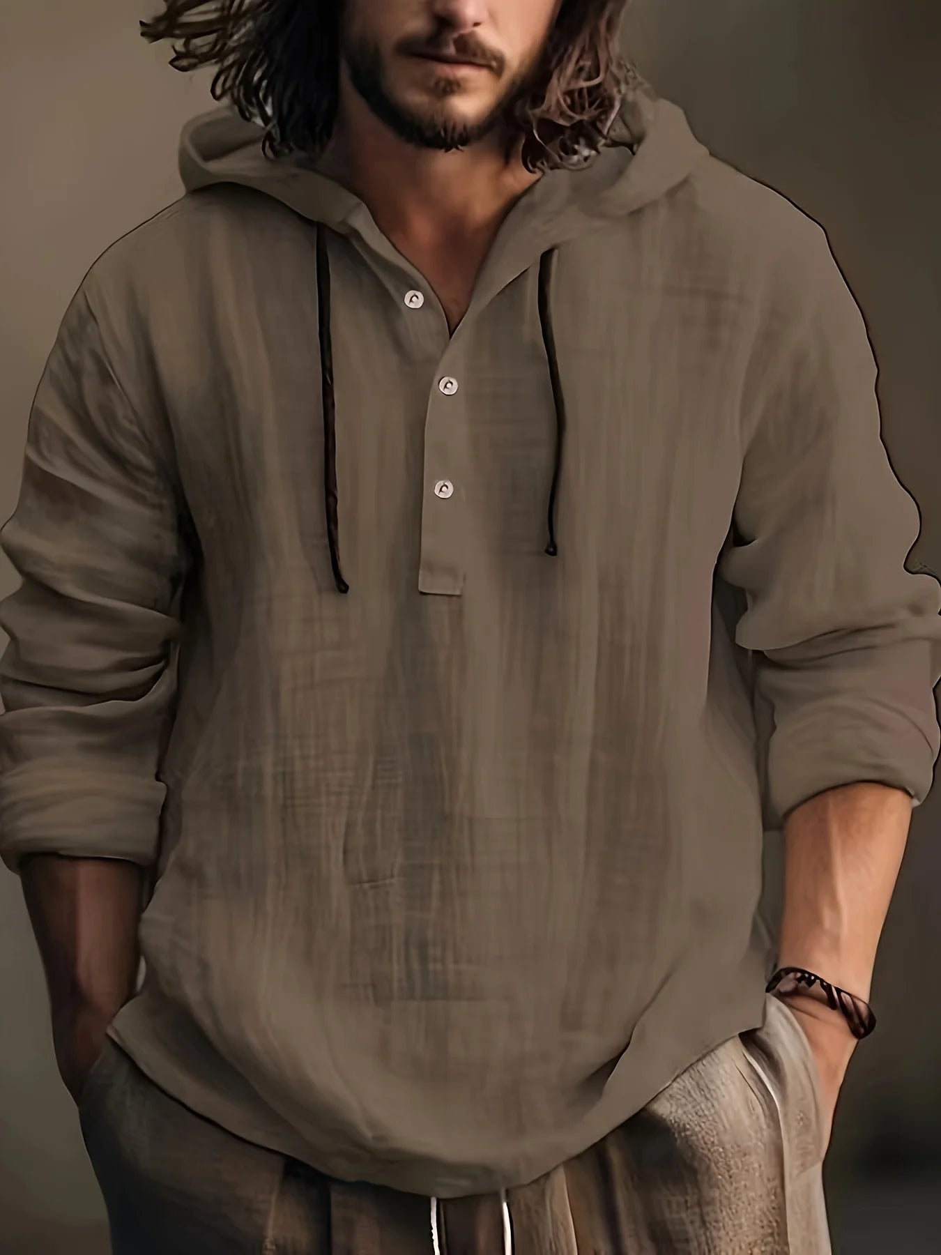 Men's spring and autumn cotton and linen shirt with hooded sweatshirt long sleeve casual wear