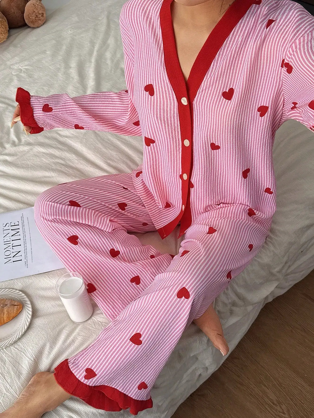 Women's Pink Striped Heart Print Pajama Set with Red Trim, Cozy Lounge Wear