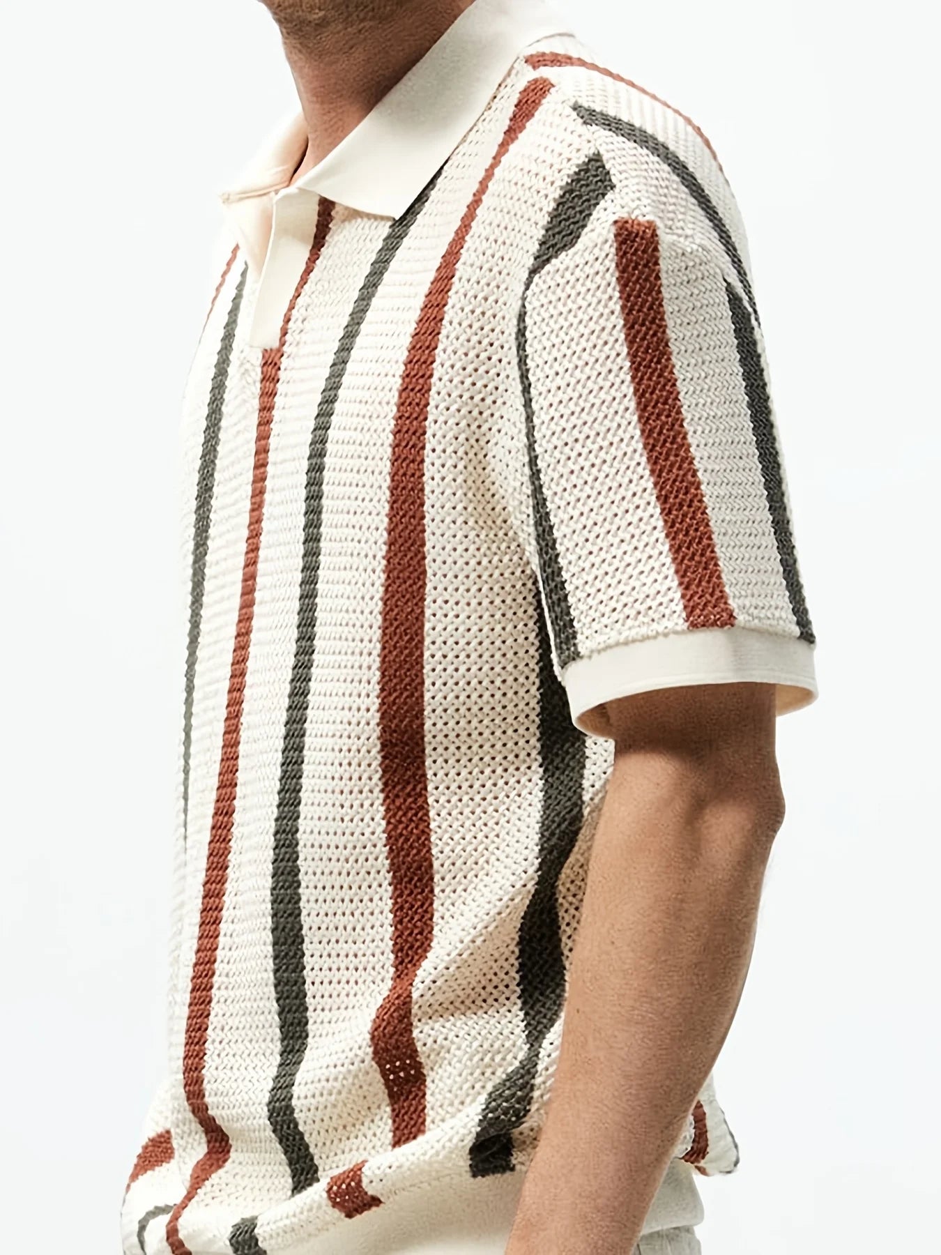 Men's Summer Chunky Knit Short-Sleeve Polo Shirt With Stripes And Contrast Colors, Casual Wear