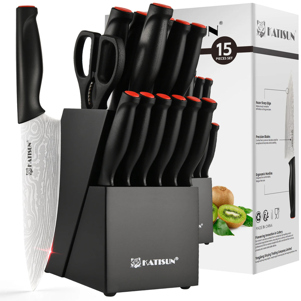 15 Pieces  Pattern Kitchen Knife Set, Ergonomic Black Anti-Slip Handle, Includes Sharpener