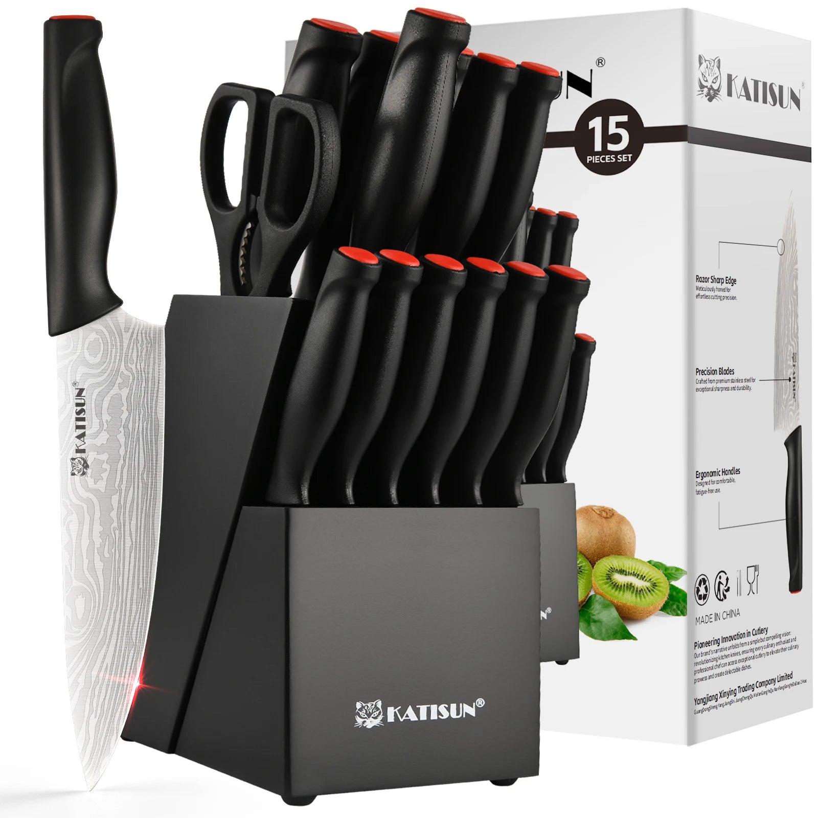 15 Pieces  Pattern Kitchen Knife Set, Ergonomic Black Anti-Slip Handle, Includes Sharpener
