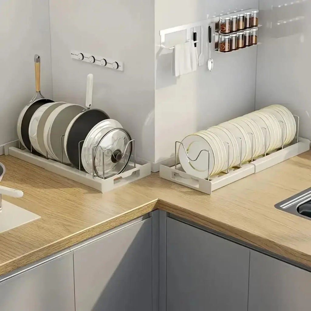 Expandable Kitchen Pot Pan Organizer under Cabinet with 7 Adjustable Dividers Storage