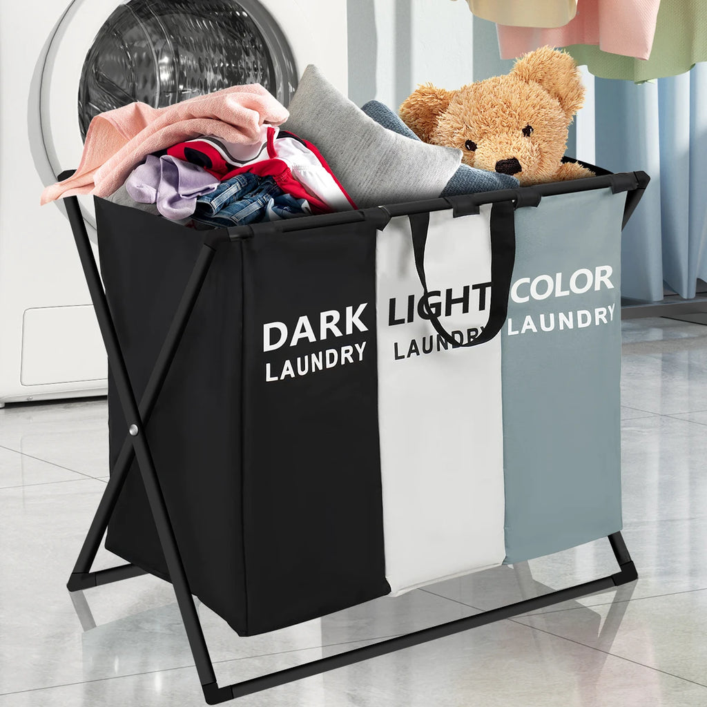 3 Sections Divided Laundry Basket  Laundry Hamper Foldable Washing Bin Dirty Cloth