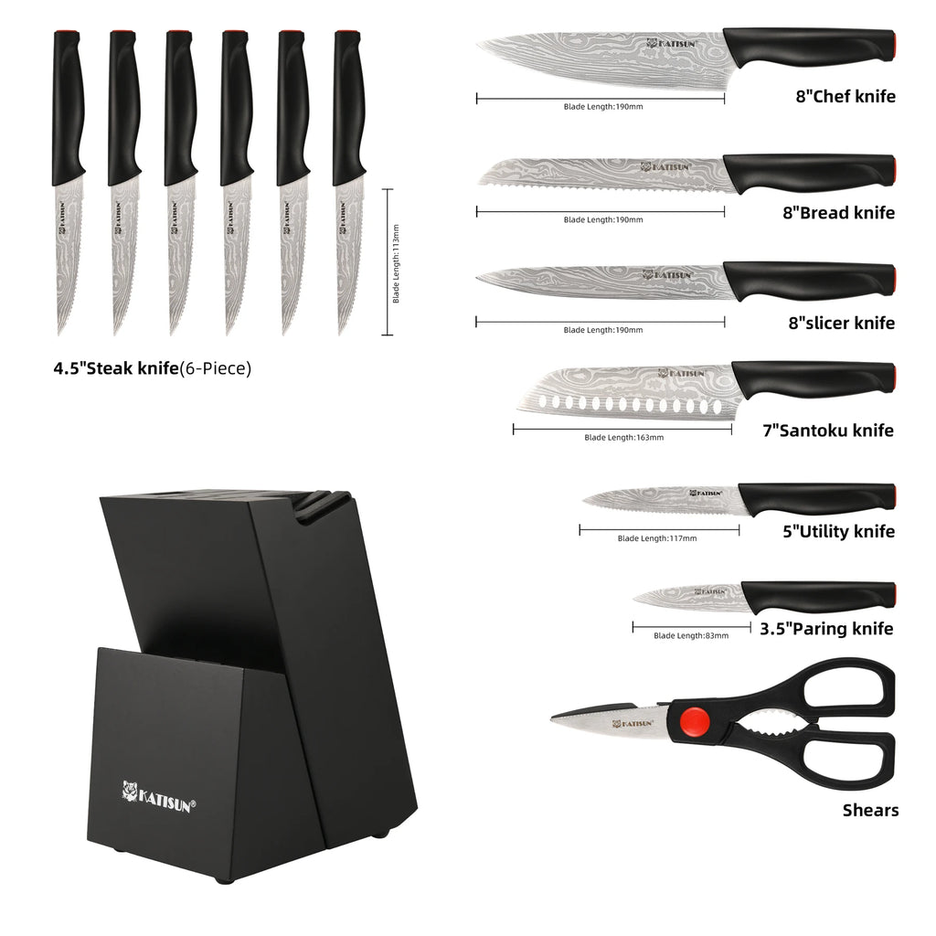 15 Pieces  Pattern Kitchen Knife Set, Ergonomic Black Anti-Slip Handle, Includes Sharpener