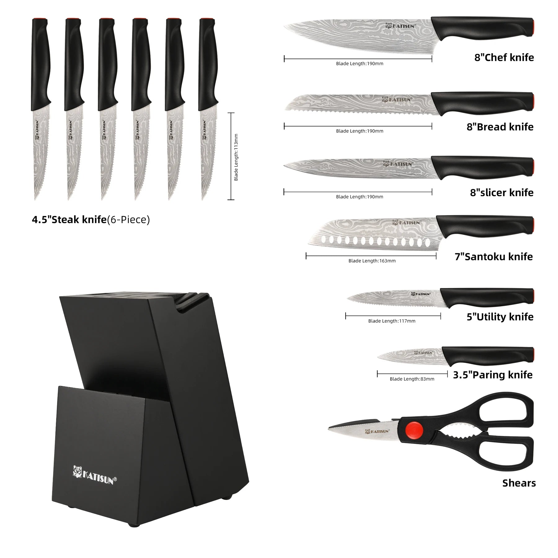 15 Pieces  Pattern Kitchen Knife Set, Ergonomic Black Anti-Slip Handle, Includes Sharpener