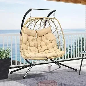 Bestseller2 Person Hanging Egg Swing Chair with Stand Egg Chair Wicker Indoor Outdoor Hammock with Cushions