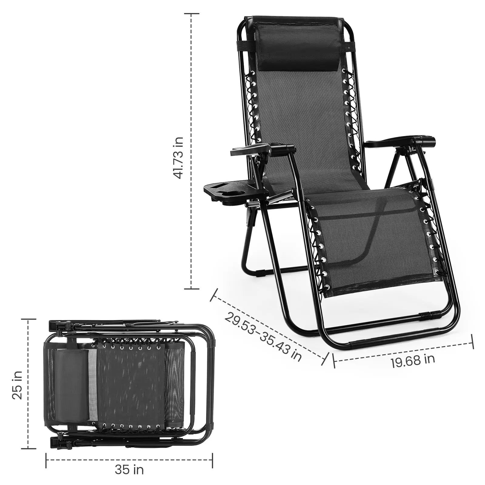 2 Portable Recliner Camping Patio Outdoor Lounge Chair with Cup Holder Trays