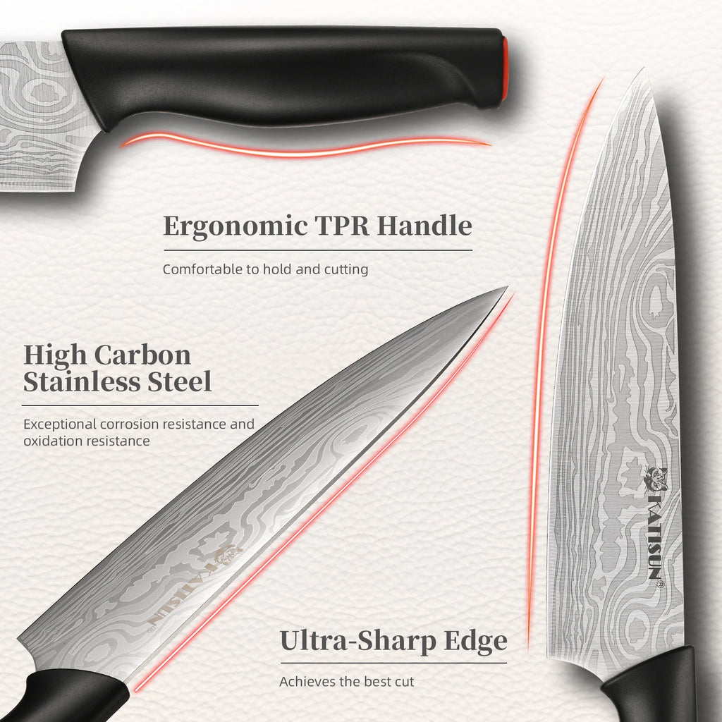 15 Pieces  Pattern Kitchen Knife Set, Ergonomic Black Anti-Slip Handle, Includes Sharpener