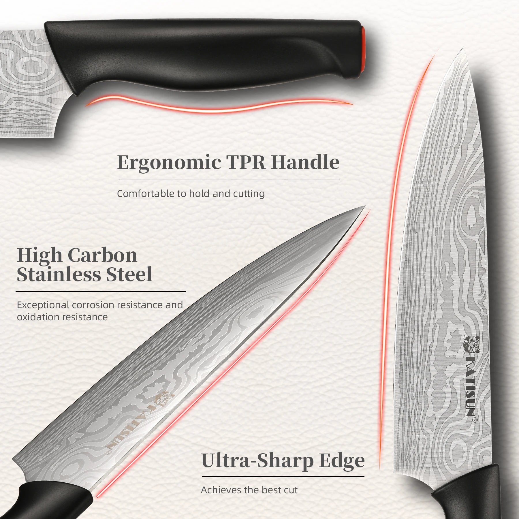 15 Pieces  Pattern Kitchen Knife Set, Ergonomic Black Anti-Slip Handle, Includes Sharpener