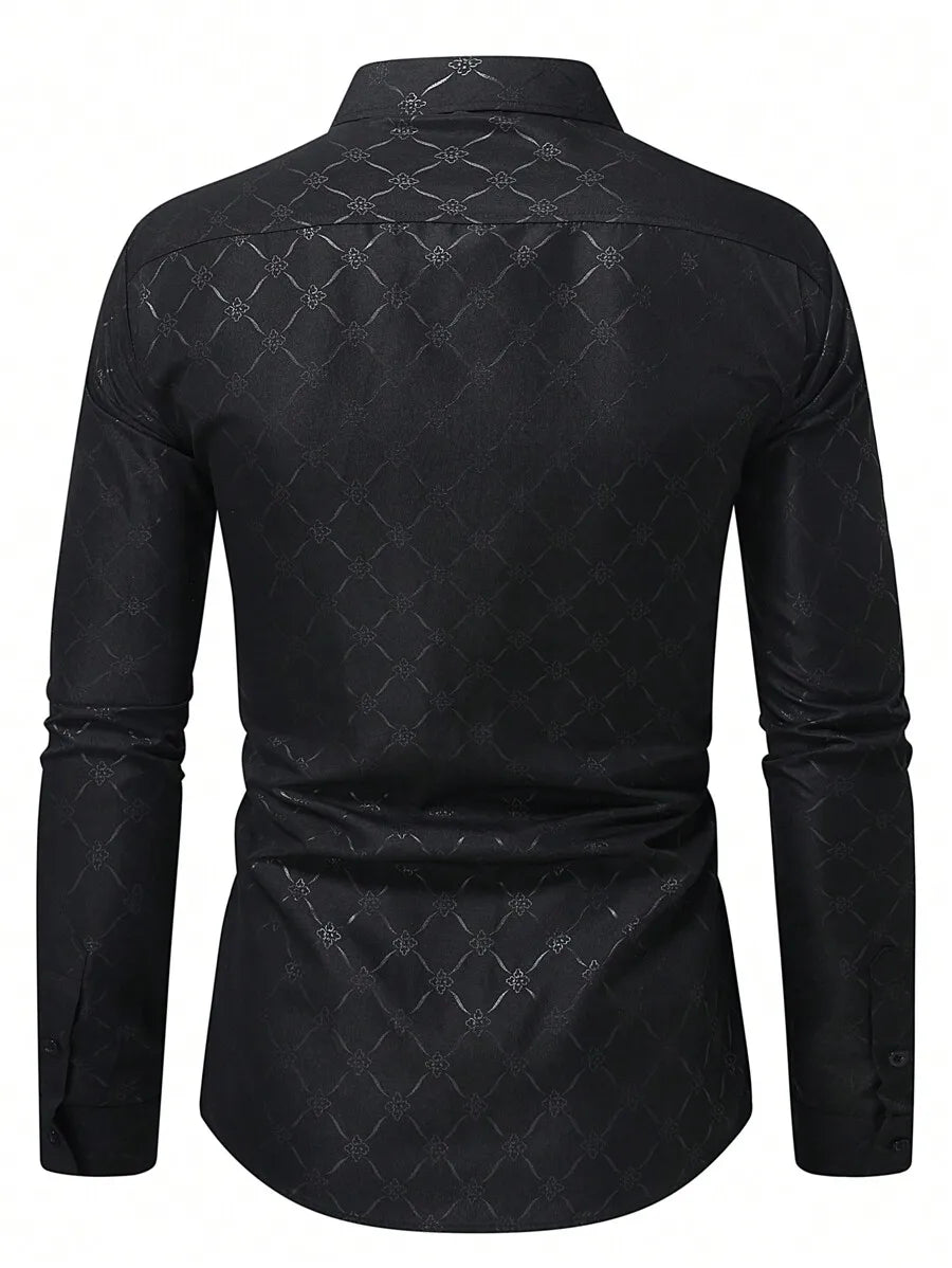 Men's Slim Fit Long Sleeve Button Down Dress Shirt with Geometric Pattern, Black, Fall