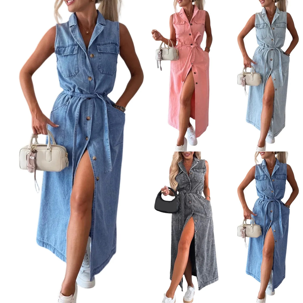 Ladies' Casual Fashionable Sleeveless Waist Cinched Single Breasted Denim  Elegant Women's Dresses