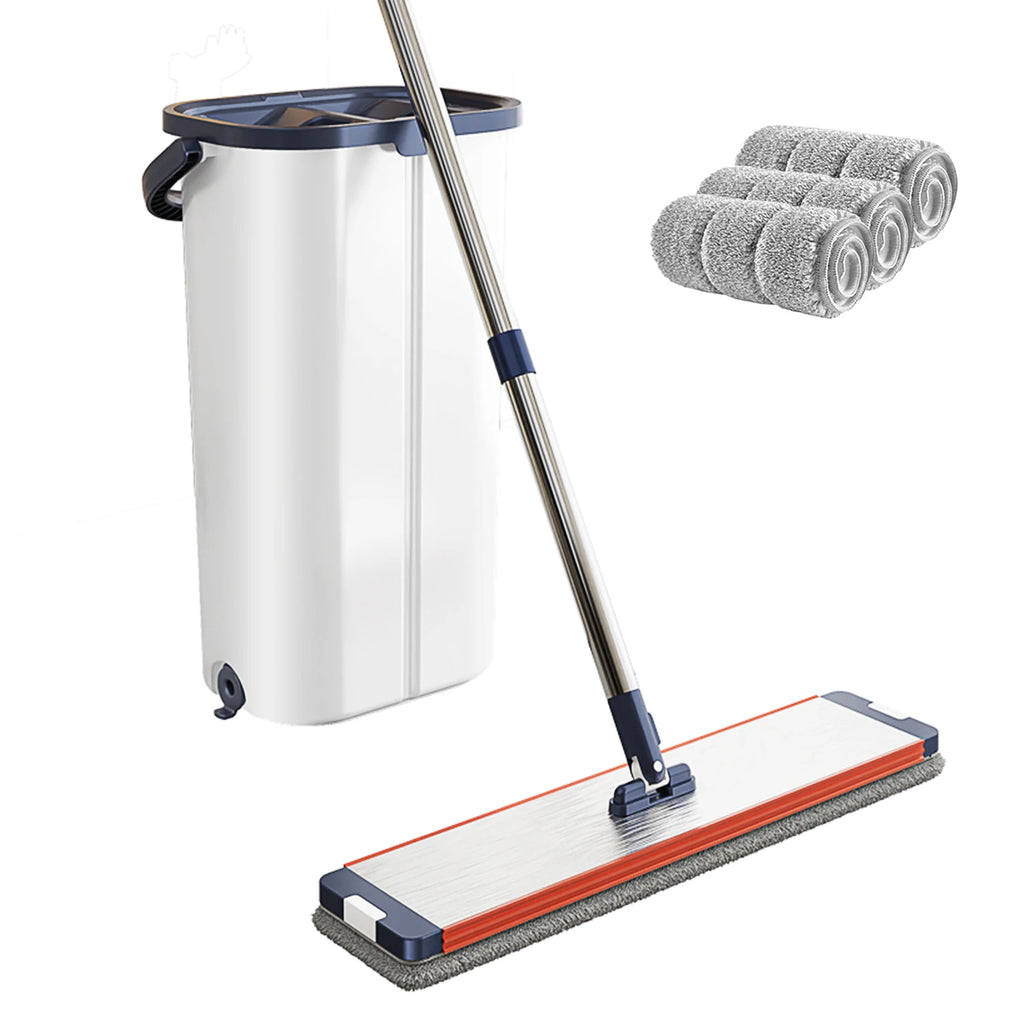 Floor Flat Squeeze Mop with Bucket Hand Free  Cleaning Microfiber 360 Rotating Self-Wringing Mop
