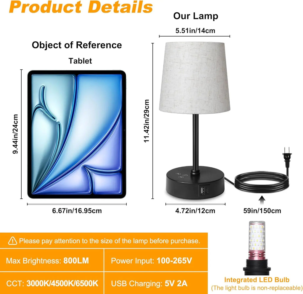 Set of 2 RGB Color Changing Nightstand Lamps, Dimmable with USB C+A Ports, Touch Control for Bedroom Living Room