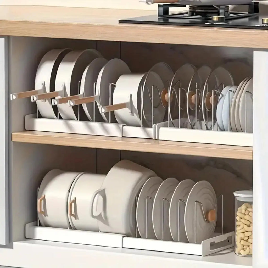 Expandable Kitchen Pot Pan Organizer under Cabinet with 7 Adjustable Dividers Storage
