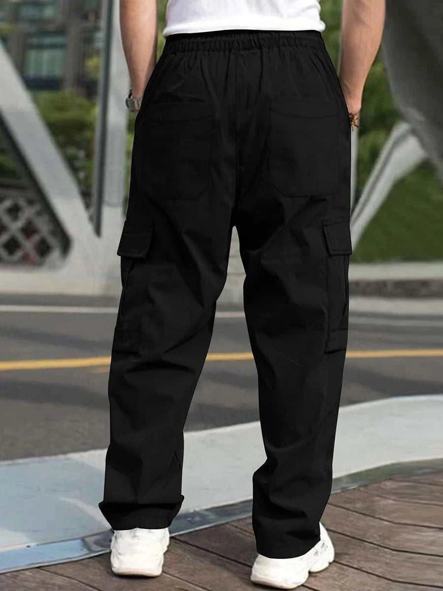 Men s Loose Cargo Long Pants Drawstring Waist Straight Leg Trousers  with Pockets