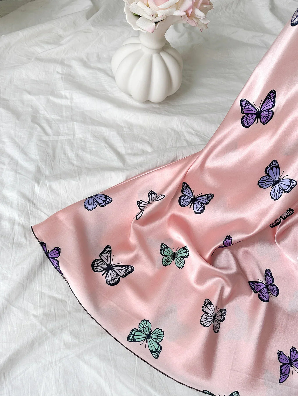 Silk Stain Butterfly  Nightdress for Women Sexy Nightgowns Backless Pajamas Casual Home wear Sleepshirts