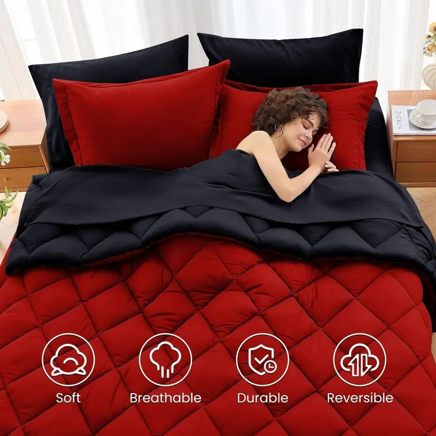 7 Pieces Queen Comforter Set, Reversible Bed in a Bag Queen Size, Set with Comforter, Flat Sheet,