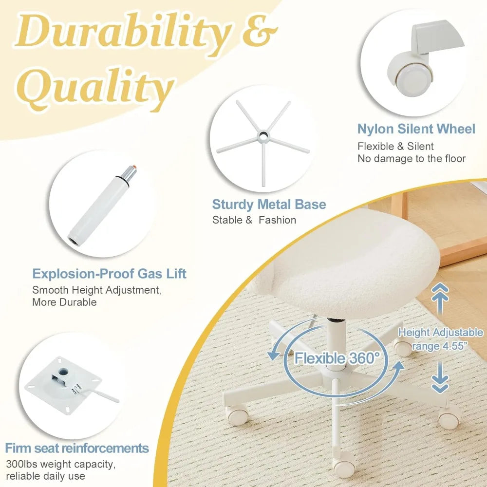 Modern Vanity Chair with Back, Velvet Desk Chair for Girls, Small Office Chair with Silent Wheels.